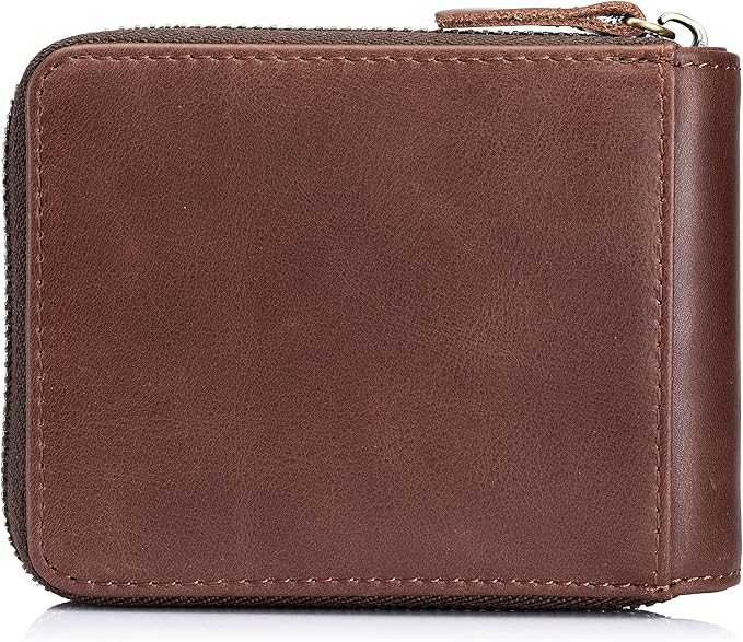 LUKZIJAES Genuine Leather Men's Wallets RFID Blocking Large Capacity Credit Card Vintage Wallet for Men with Coin Pocket Zipper ID Window (#9-Coffee)