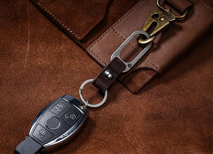 KeyUnity KM02 Titanium Belt Clip Carabiner Leather Keychain Holder with Removable Stainless Steel Key Ring