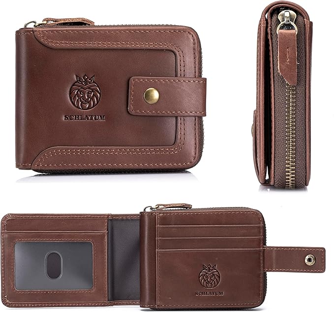 LUKZIJAES Genuine Leather Men's Wallets RFID Blocking Large Capacity Credit Card Vintage Wallet for Men with Coin Pocket Zipper ID Window (#9-Coffee)