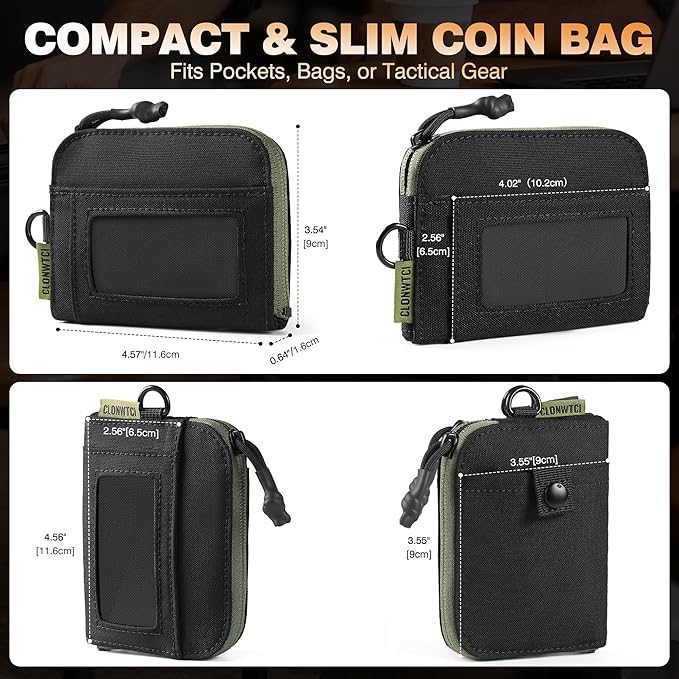 Clonwtci RFID Blocking Coin Purse for Men, 500D Nylon EDC Wallet Pouch with Zipper Pocket, ID Window, Key Clip, Organizer for Cards, Cash & Essentials