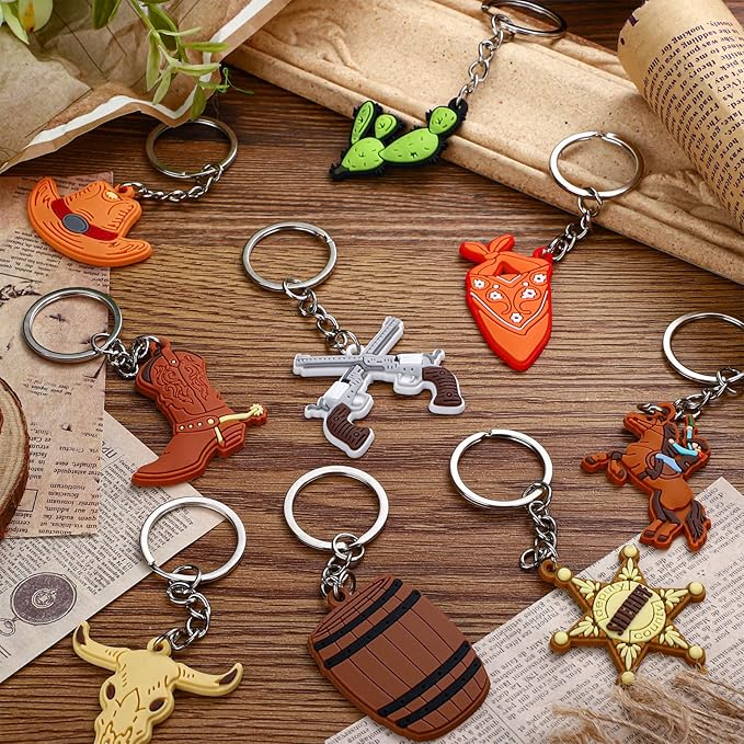 Panelee 36 Pcs Western Cowboy Keychain Bulk Silicone Horse Boot Cowboy Hat Western Themed Party Keychain for Christmas Holiday Birthday Gifts