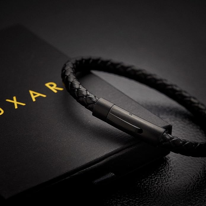 LUXAR Men’s Genuine Leather Bracelet | Interwoven Black Leather Bracelets with Brush Stainless Steel Clasp | Minimalist, Designer Jewelry for Men