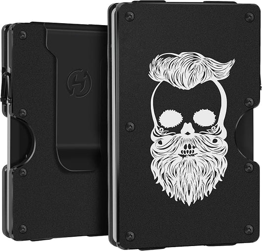 HIESGIE Men Minimalist Metal Wallet | Sugar Skull Engraved | Slim Aluminum Credit Card Holder | Aluminum RFID Blocking EDC Tactical Wallets | Personalized Mini Front Pocket Money Case