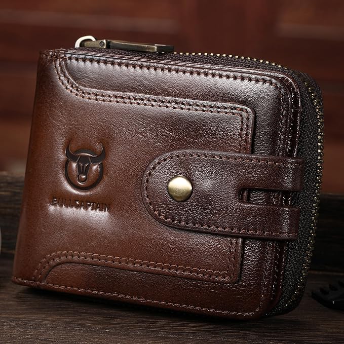 LUKZIJAES Genuine Leather Wallet for Men RFID Blocking Large Capacity Credit Card Vintage Men's wallet Zipper ID Window Coin Pocket (#8-Coffee)
