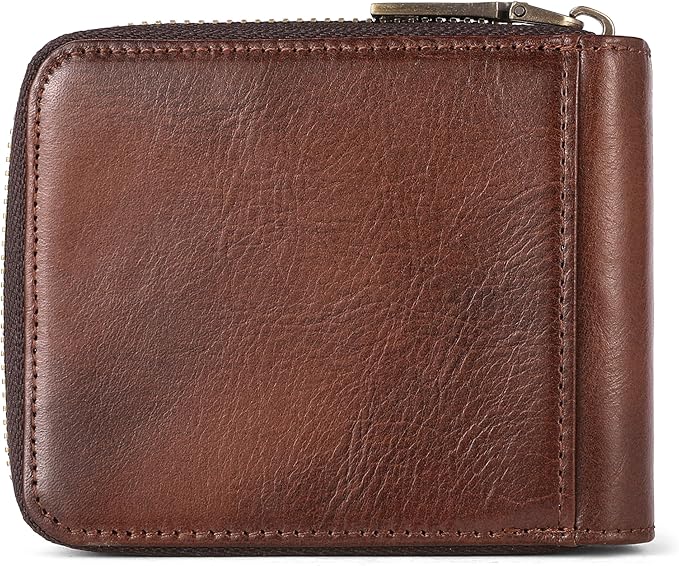LUKZIJAES Genuine Leather Wallet for Men RFID Blocking Large Capacity Credit Card Vintage Men's wallet Zipper ID Window Coin Pocket (#8-Coffee)