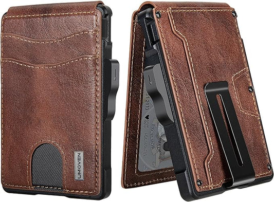 umoven Wallet for Men - with Money Clip Slim Leather Slots Credit Card Holder RFID Blocking Bifold Minimalist Wallet (Top Layer Leather-Brown Red)