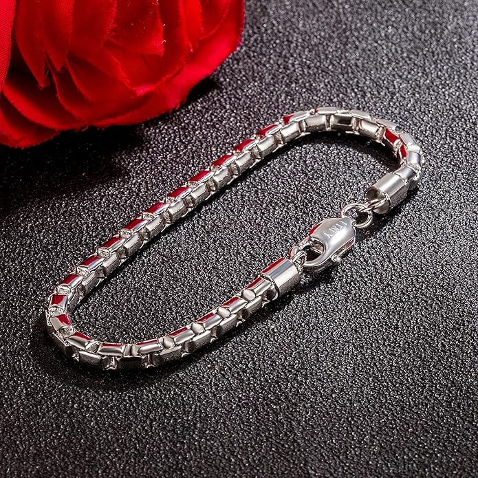 Dankadi Men 925 Sterling Silver Bracelet Fashion Italy 5MM Square Rolo Link Round Box Chain Bangle 6.5 "7" 7.5 "8" 8.5" 9" Fine Cuff Jewelry Gift