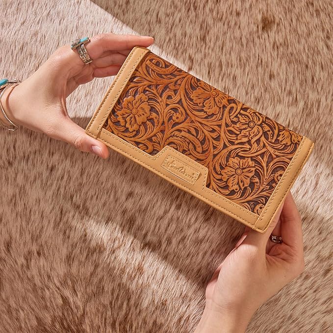 Montana West Wallet for Men Western Tooling Floral Leather Wallet Large Capacity Mens Slim Bifold Wallets with ID Window