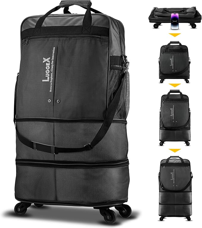 LUGGEX Suitcases with Wheels, Expandable Collapsible Luggage Rolling Travel Duffle Bag without Telescopic Handle, Foldable Large Weekender Bag for Men Women, Black