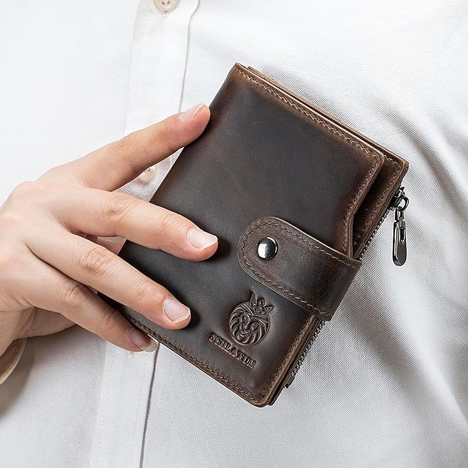 LUKZIJAES Genuine Leather Wallet for Men Vertical Model Large Capacity Card Case Purse Mens Vintage RFID Blocking with Zipper ID Window Coin Pocket (#6-Coffee)