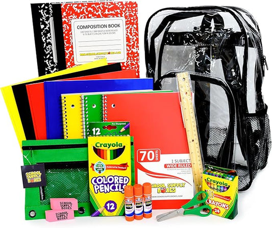 School Supply Boxes | 17" Clear Backpack Bundle for Elementary School | Back to School Bookbag with Supplies | Contains Crayons, Colored Pencils, Ruler, Disappearing Glue, Notebooks, and more