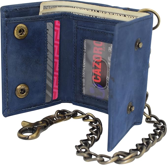 Men's RFID Blocking Trifold Vintage Leather Biker Chain Wallet With Snap Closure