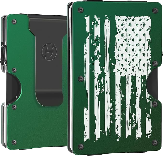 HIESGIE Men Minimalist Metal Wallet | American USA Flag | Slim Engraved Aluminum Credit Card Holder | Personalized Mini Front Pocket Money Case | RFID Blocking EDC Tactical Wallets