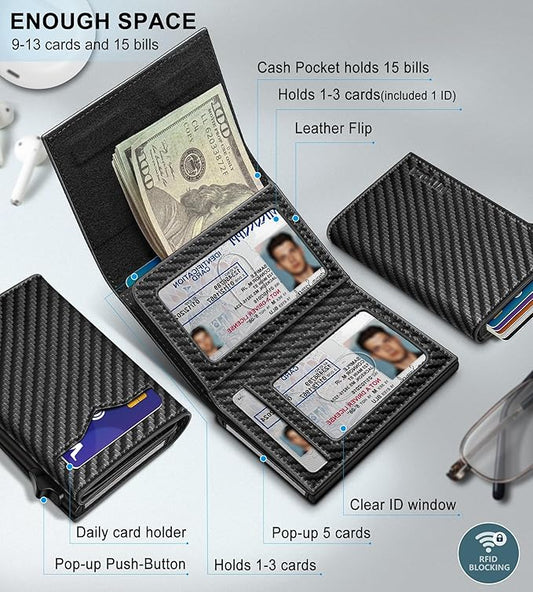 miyozi Wallet for Men,with Cash Pocket 2 ID Window 9-13 Cards,Metal Case Smart Slim Pop Up Credit Card Holder Flip with Magnetic Closure RFID Blocking Trifold wallet with Gift Box