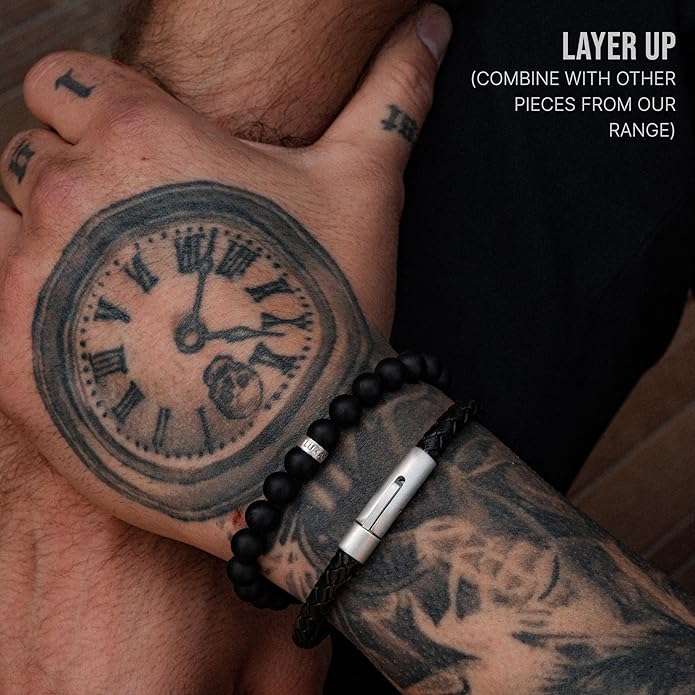 LUXAR Men’s Genuine Leather Bracelet | Interwoven Black Leather Bracelets with Brush Stainless Steel Clasp | Minimalist, Designer Jewelry for Men