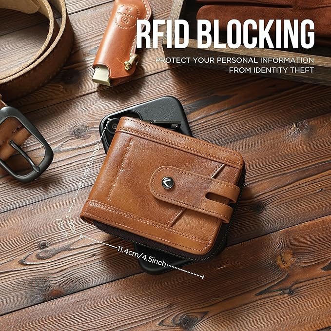 KLOMORE Zipper Wallet for Men Leather RFID Blocking Large Bifold Mens Wallets with Zipper Coin Pocket Credit Card Holder