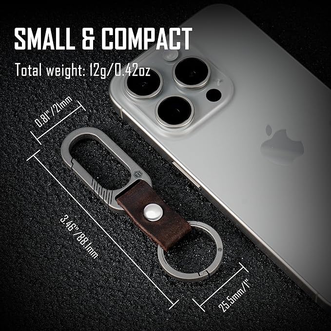 KeyUnity KM02 Titanium Belt Clip Carabiner Leather Keychain Holder with Removable Stainless Steel Key Ring