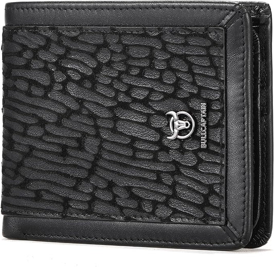 LUKZIJAES Mens Wallets Bifold Black Genuine Leather Wallet for Men RFID Blocking Slim Front Pocket Wallets with 2 ID Window (#13-Black)