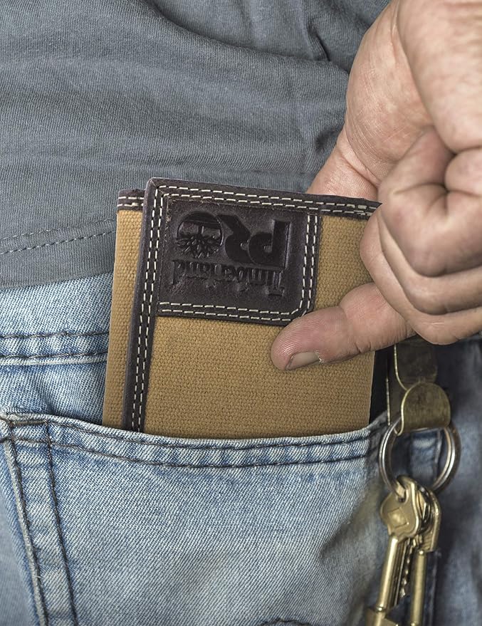 Timberland PRO Men's Canvas Leather RFID Trifold Wallet with Zippered Pockets