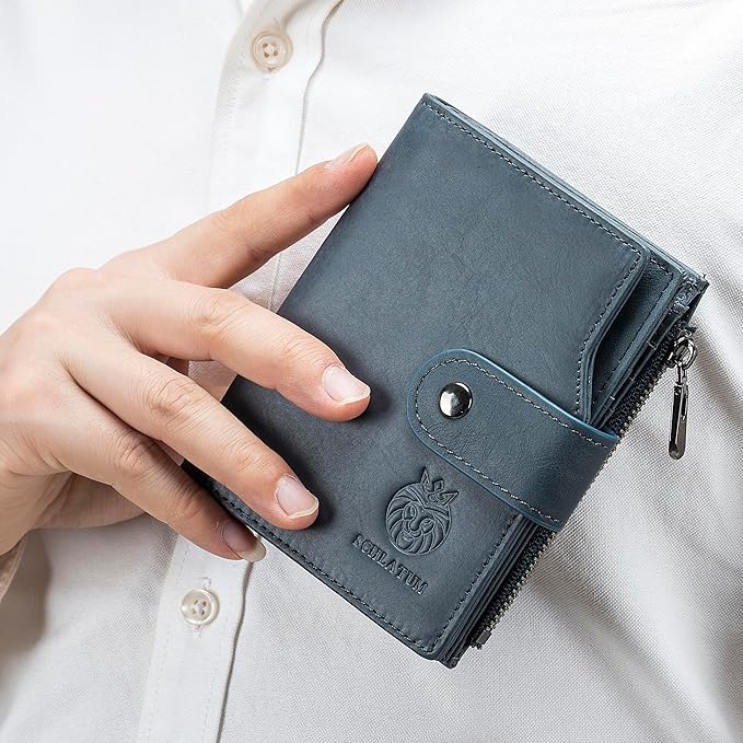 LUKZIJAES Genuine Leather Wallet for Men Vertical Model Large Capacity Card Case Purse Mens Vintage RFID Blocking with Zipper ID Window Coin Pocket (#6-Blue)