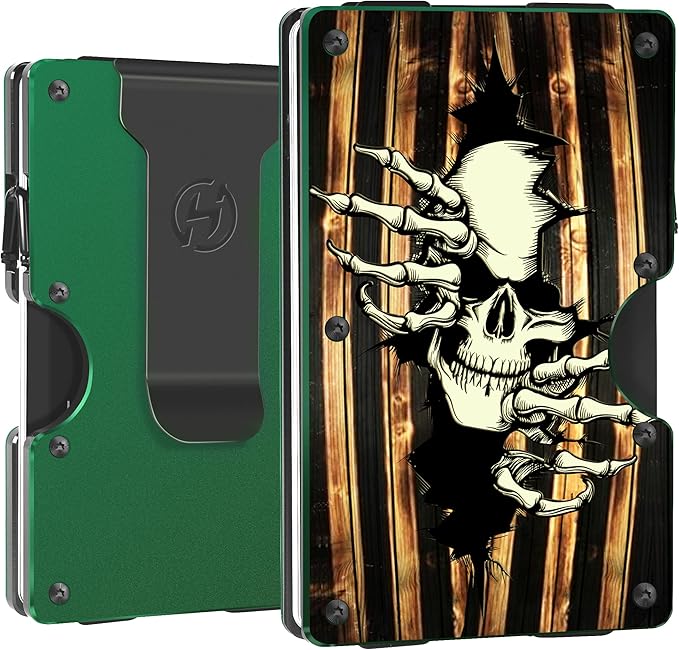 HIESGIE Men Minimalist Metal Wallet | Wooden Skull | Slim Engraved Aluminum Credit Card Holder | Personalized RFID Blocking EDC Tactical Wallets | Mini Front Pocket