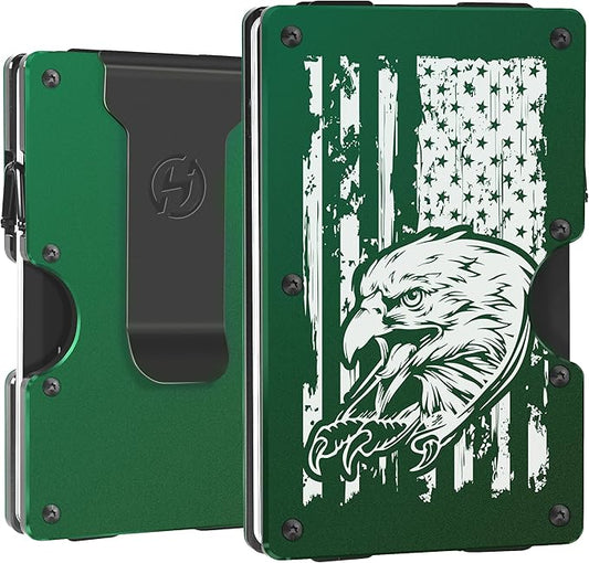 HIESGIE Minimalist Wallets for Men | Eagle and American Flag | Aluminum RFID Blocking Metal Wallet | Front Pocket EDC Pull Wallet | Slim Tactical Wallet | Carbon Fiber Card Holder Money Case