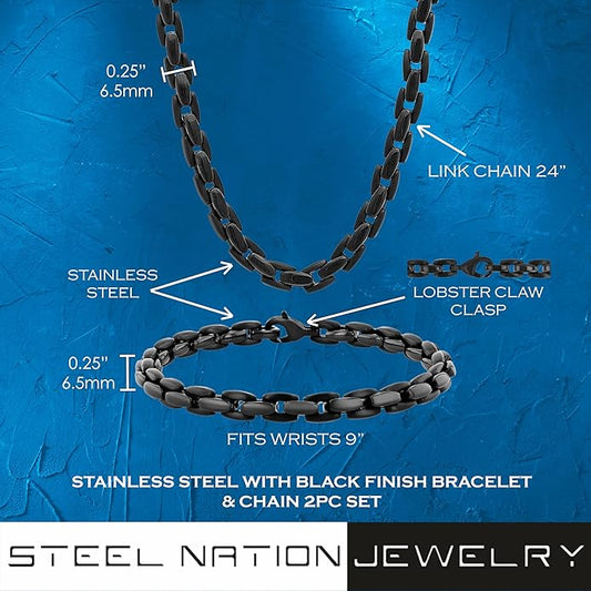 Black Stainless Steel Bracelet & Chain Set, 24" Length, Sleek Lobster Clasp Closure