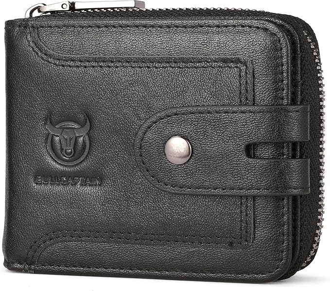 LUKZIJAES Genuine Leather Wallet for Men RFID Blocking Large Capacity Credit Card Vintage Men's wallet Zipper ID Window Coin Pocket (#8-Black)