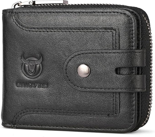 LUKZIJAES Genuine Leather Wallet for Men RFID Blocking Large Capacity Credit Card Vintage Men's wallet Zipper ID Window Coin Pocket (#8-Black)