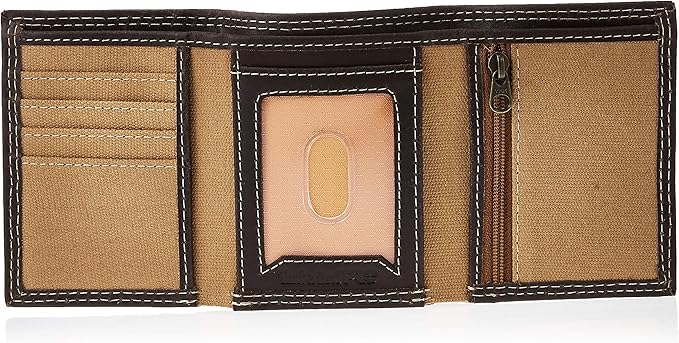 Timberland PRO Men's Canvas Leather RFID Trifold Wallet with Zippered Pockets