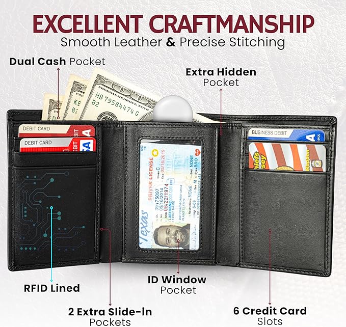 BULL GUARD RFID Leather Trifold Wallets for Men ID Window, Secret Pocket, Black