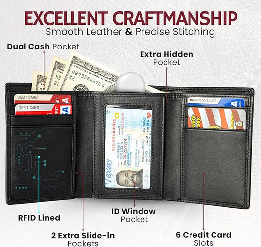 BULL GUARD RFID Leather Trifold Wallets for Men ID Window, Secret Pocket, Black