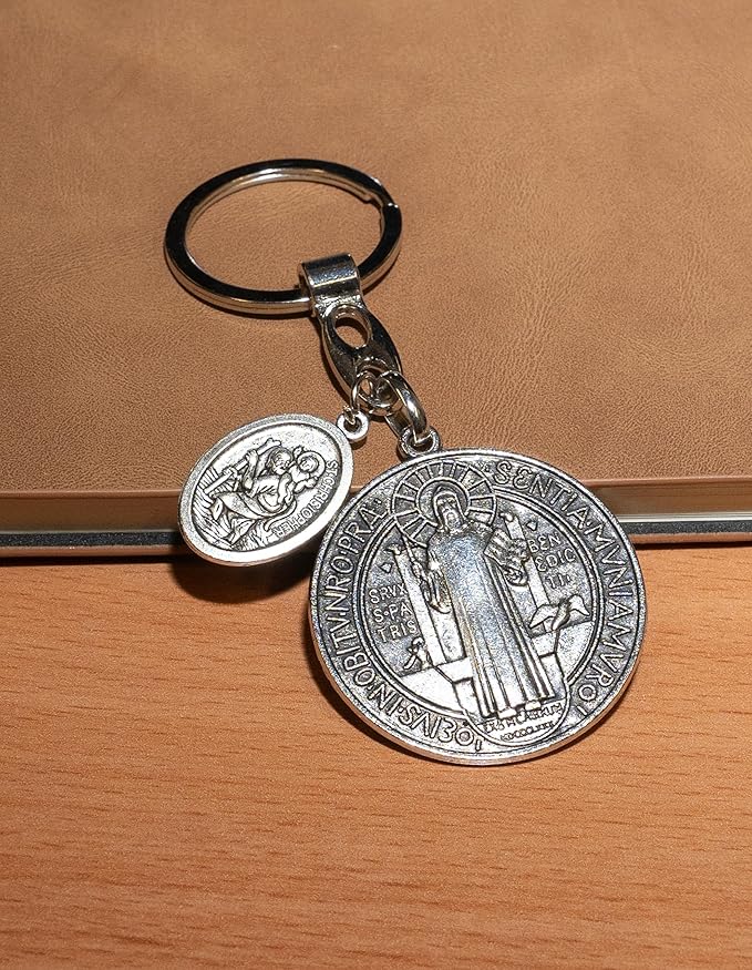 Pardon Cross St Christopher St Michael Caravaca Keychain, St Benedict and Milagrosa Medal