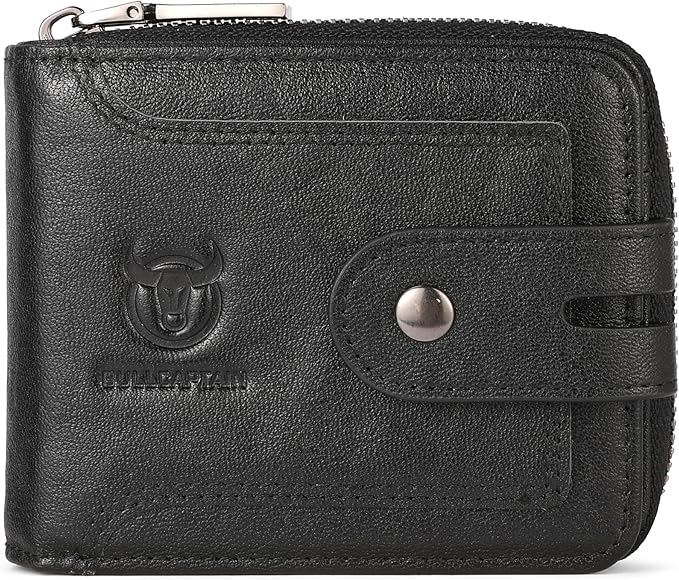 LUKZIJAES Genuine Leather Wallet for Men RFID Blocking Large Capacity Credit Card Vintage Men's wallet Zipper ID Window Coin Pocket (#8-Black)