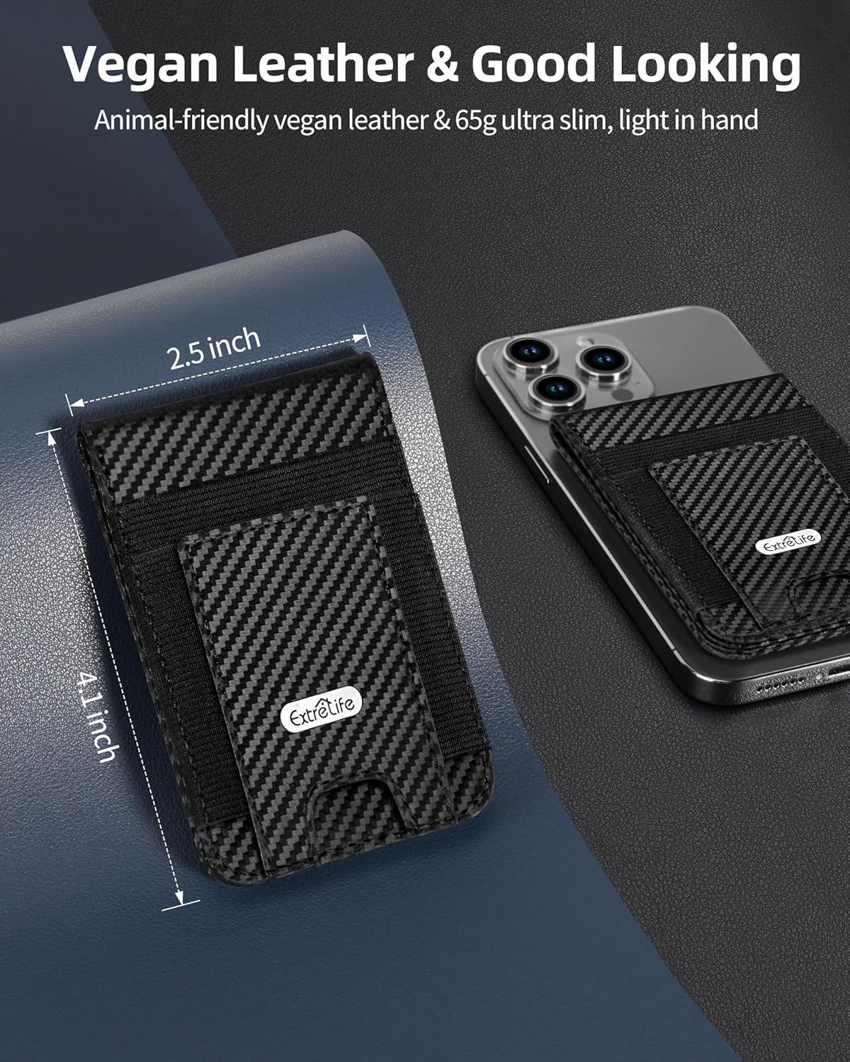 For Magsafe Wallet Stand, Strongest Magnetic Wallet for iPhone 17/16/15/14/13/12 Series, ID Window, 4 Card Slots, Fit 9 Cards, Vegan Leather, RFID Blocking, Black Carbon Fiber