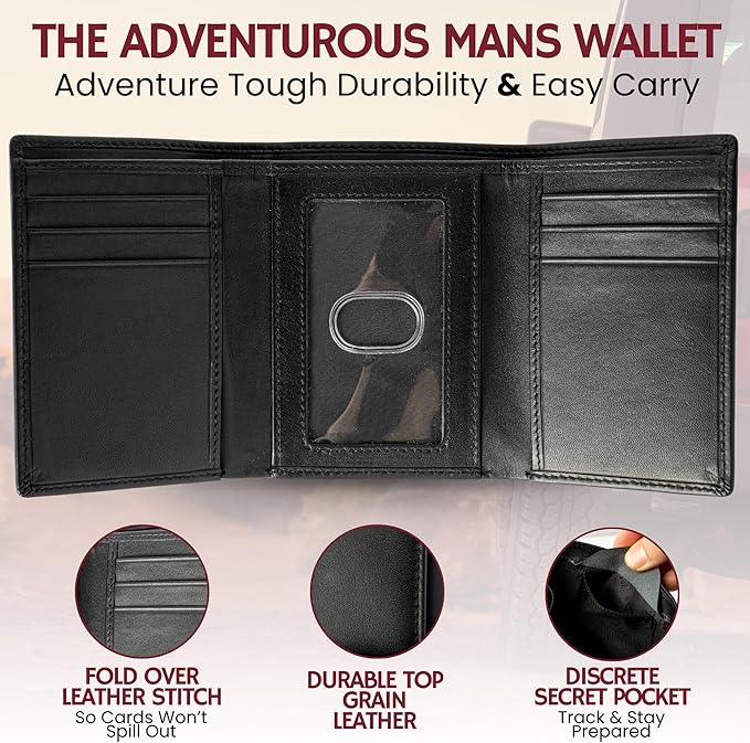 BULL GUARD RFID Leather Trifold Wallets for Men ID Window, Secret Pocket, Black