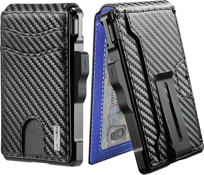 umoven Wallet for Men - with Money Clip Slim Leather Slots Credit Card Holder RFID Blocking Bifold Minimalist Wallet (Carbon Black and Blue)