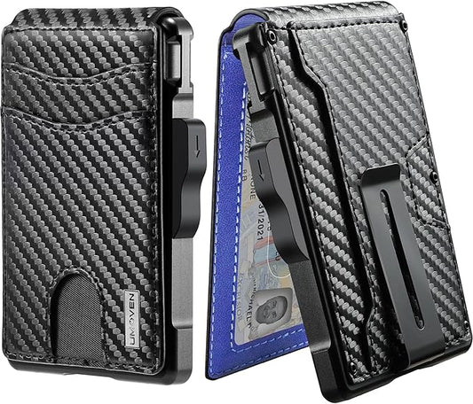 umoven Wallet for Men - with Money Clip Slim Leather Slots Credit Card Holder RFID Blocking Bifold Minimalist Wallet (Carbon Black and Blue)