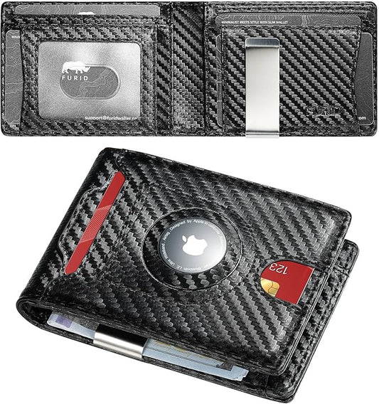 Apple Air tag Wallet Men Slim: Wallet for Air Tag Men Minimalist - RFID Blocking Leather Wallet with Money Clip (Carbon Fiber)