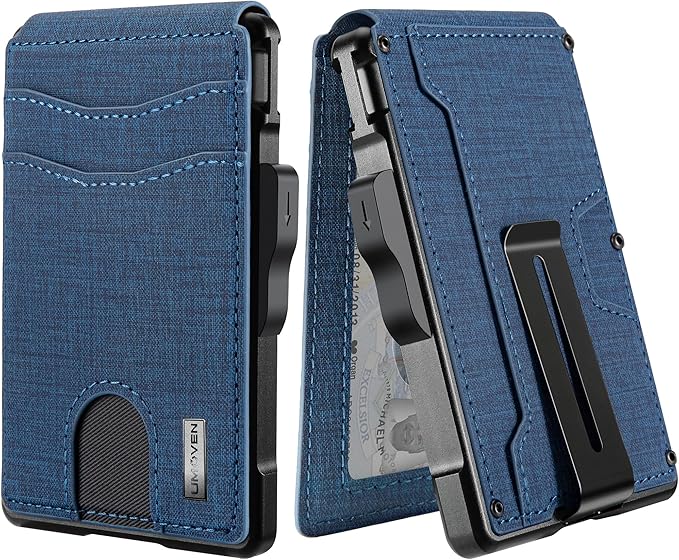 umoven Wallet for Men - with Money Clip Slim Leather Slots Credit Card Holder RFID Blocking Bifold Minimalist Wallet (Dark Blue Fabric)