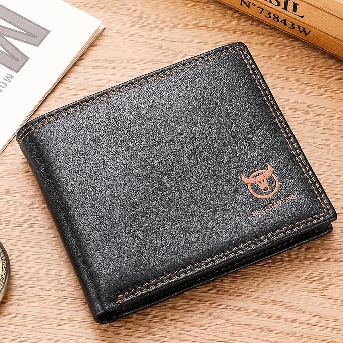 LUKZIJAES Genuine Leather Wallet for Men RFID Blocking Slim Bifold Front Pocket Wallets with 2 ID Window (#3-Black)