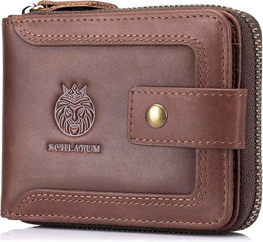LUKZIJAES Genuine Leather Men's Wallets RFID Blocking Large Capacity Credit Card Vintage Wallet for Men with Coin Pocket Zipper ID Window (#9-Coffee)