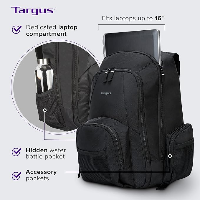 Targus 16 Inch Groove Laptop Backpack, Black - Fits Most Laptops up to 16", Water Resistant Travel Backpack for Business Commuters and Travel (CVR600)