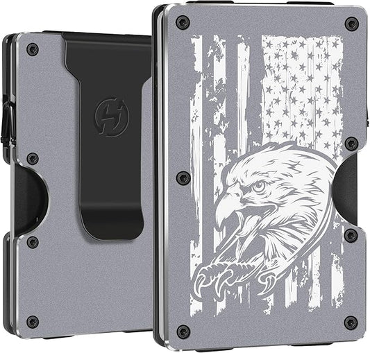 HIESGIE Minimalist Wallets for Men | American USA Flag and Eagle | Aluminum RFID Blocking Metal Wallet | Front Pocket EDC Pull Wallet | Slim Tactical Wallet | Carbon Fiber Card Holder