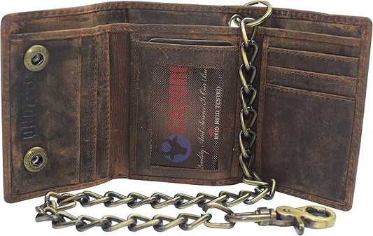 Men's RFID Blocking Trifold Vintage Leather Biker Chain Wallet With Snap Closure