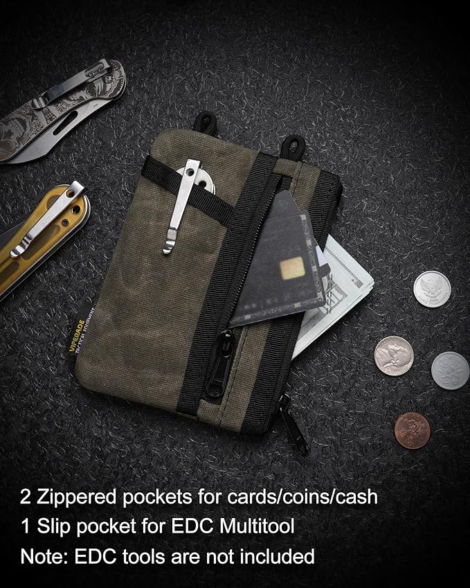 VIPERADE VE16N-OW Waxed Canvas Zipper Wallet, Minimalist with 5 Pockets, 2 Zipper Slim Pocket Multitool Pouch for Everyday Carry (Black)