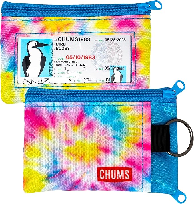 Chums Surfshorts Wallet - Lightweight Slim Wallet with RFID Blocking Card & Clear ID Window - Zippered, Water Resistant w/Key Ring (Pink/Blue Swirl)