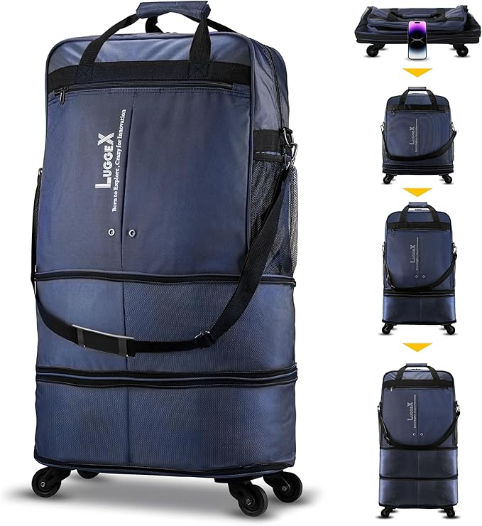 LUGGEX Suitcases with Wheels, Expandable Collapsible Luggage Rolling Travel Duffle Bag without Telescopic Handle, Foldable Large Weekender Bag for Men Women, Blue