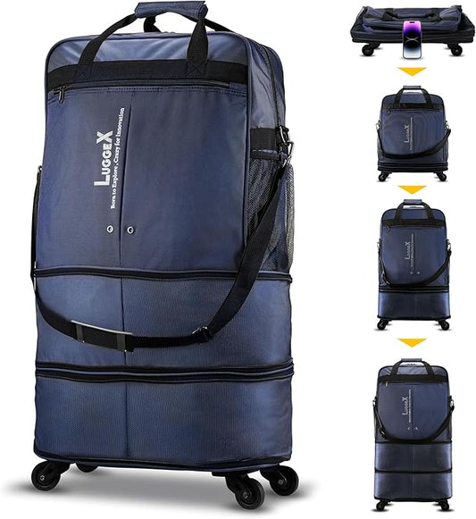 LUGGEX Suitcases with Wheels, Expandable Collapsible Luggage Rolling Travel Duffle Bag without Telescopic Handle, Foldable Large Weekender Bag for Men Women, Blue