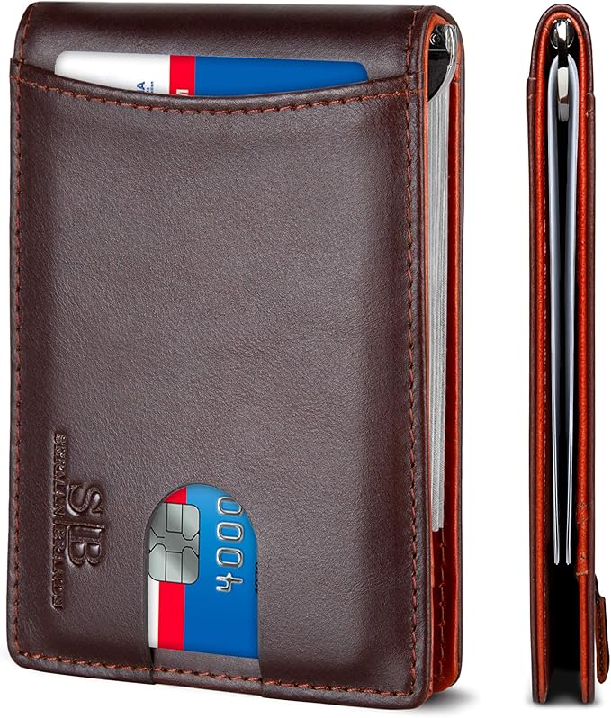SERMAN BRANDS RFID Blocking Slim Bifold Genuine Leather Minimalist Front Pocket Wallets for Men with Money Clip Thin Mens